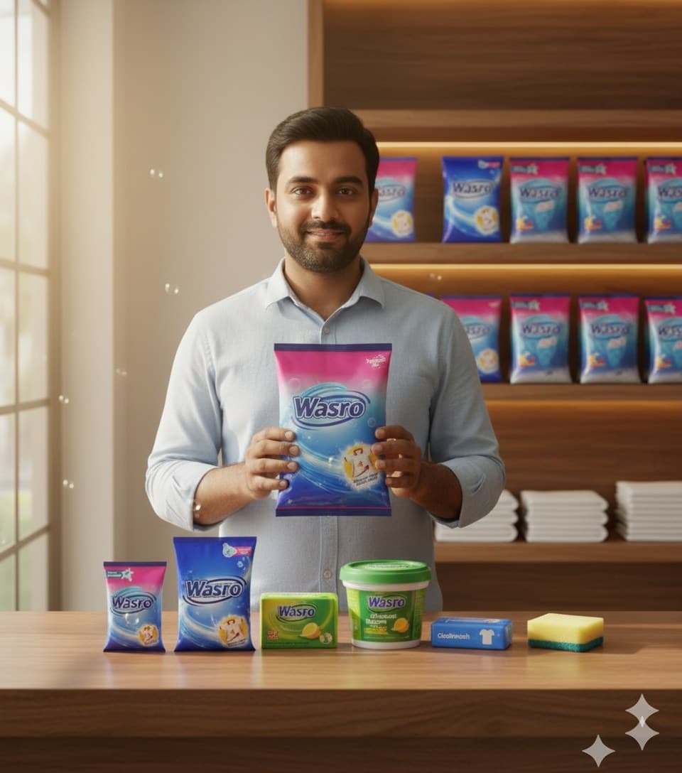 Wasro shop owner with the full product range on the counter